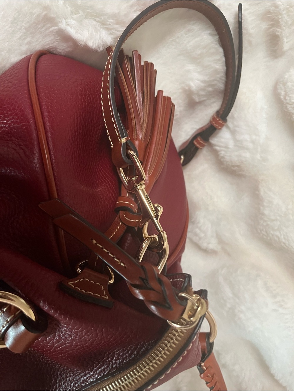 Dooney & Bourke Burgundy Pebble Leather Satchel with Cognac Trim - Picture 2 of 3